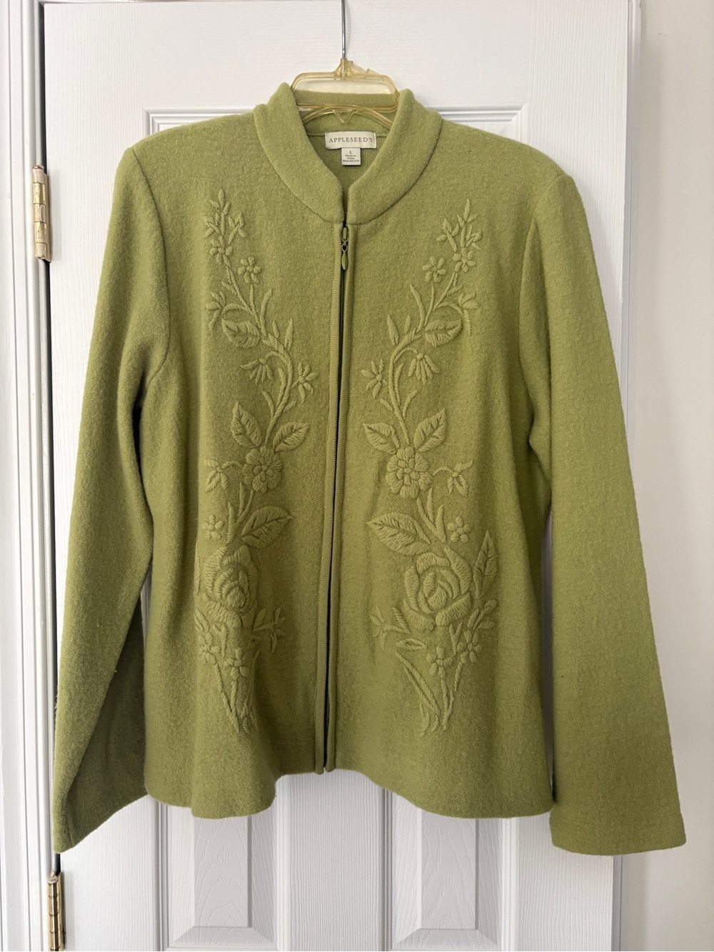 Appleseed's Olive Green Embroidered Zip-Front Cardigan